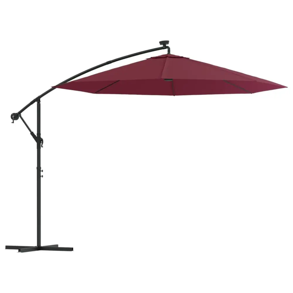Cantilever Garden Parasol LED Lights and Steel Pole Wine Red Outdoor Umbrella